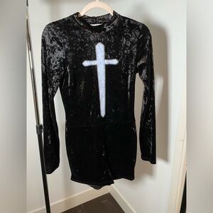 Black Velvet Long-Sleeve Romper with Cross Detail, S size